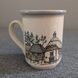 Biltons England Stoneware Mug, Village/Pub Scene with Gray Rim